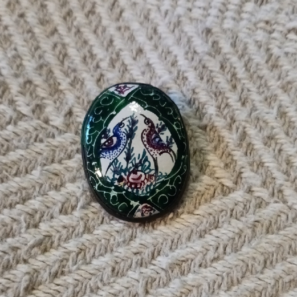 Handcrafted Oval Brooch with Peacock Design